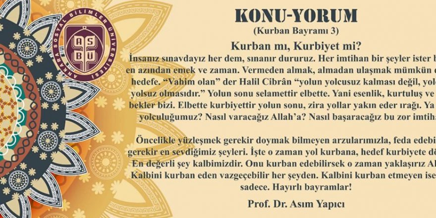 Prof. Dr. Asım Yapıcı’nın Kurban Bayramı konulu yazısı sizlerle..