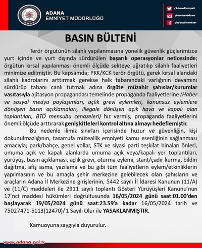 Adana’da yürüyüş ve gösterilere geçici yasak