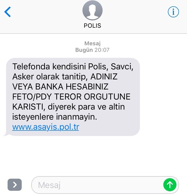 Polisten SMS ile FETÖ dolandırıcılığı uyarısı 