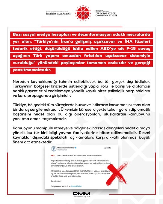 Dezenformasyonla Mücadele Merkezinden "Türkiye'nin İran'a gelişmiş uçaksavar ve İHA füzeleri tedarik ettiği" uyarısı