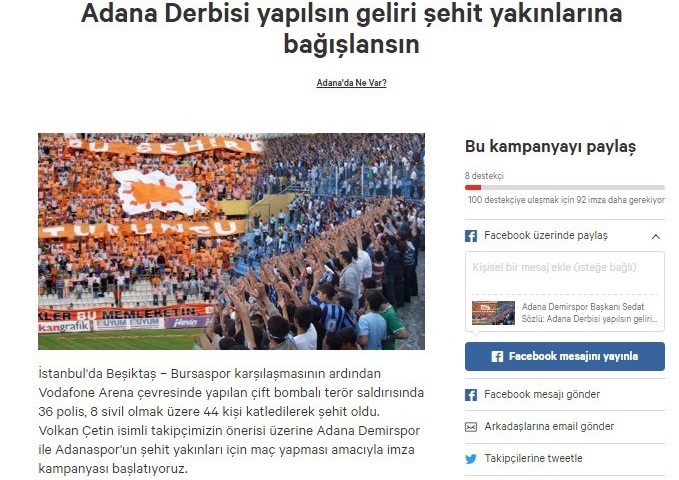 Şehit yakınları için Adana derbisi yapılsın kampanyası 