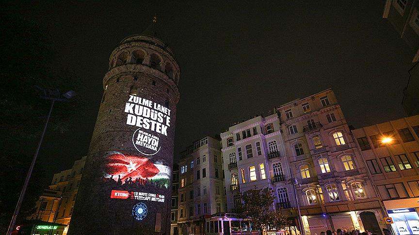 'Kudüs' mitinginin afişi Galata Kulesi'ne yansıtıldı