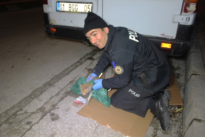 Minibüste sıkışan kediyi polisler kurtardı