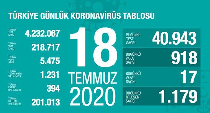 Türkiye'de Kovid-19 tedavisi tamamlananların sayısı 201 bin 13 oldu