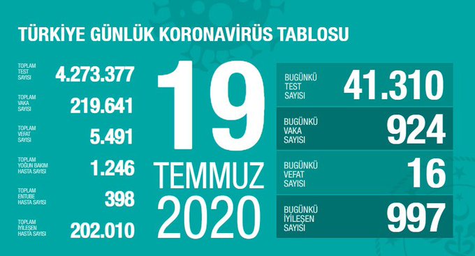 Türkiye'de Kovid-19'dan 202 bin 10 kişi iyileşti