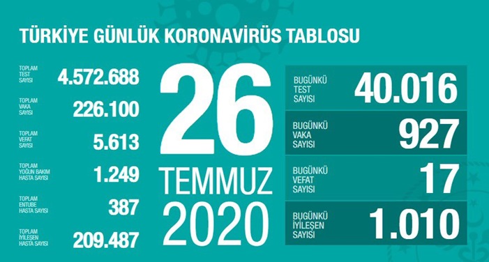 Türkiye'de Kovid-19'dan 209 bin 487 kişi iyileşti