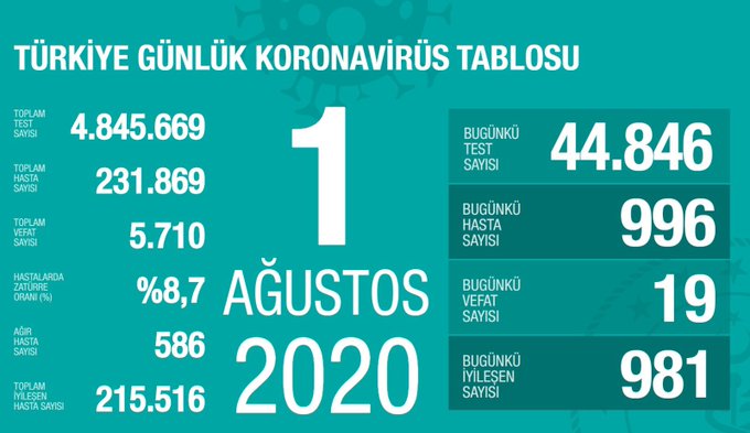 Türkiye'de Kovid-19'dan 215 bin 516 kişi iyileşti