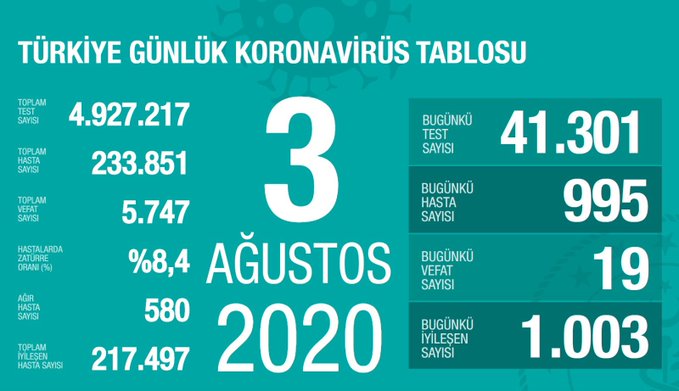 Türkiye'de Kovid-19 tedavisi tamamlananların sayısı 217 bin 497 oldu