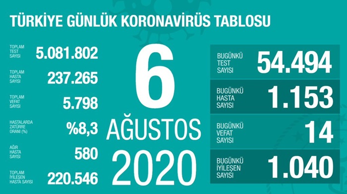 Türkiye'de Kovid-19'dan 220 bin 546 kişi iyileşti