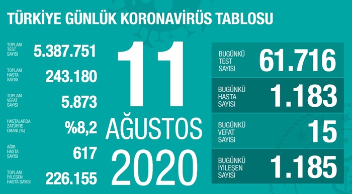 Türkiye'de Kovid-19'dan 1185 kişi iyileşti