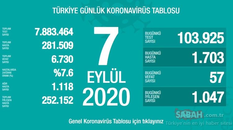 Türkiye'de son 24 saatte 1703 kişiye Kovid-19 tanısı konuldu