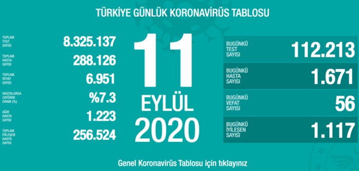 Türkiye'de son 24 saatte 1671 kişiye Kovid-19 tanısı konuldu, 56 kişi hayatını kaybetti