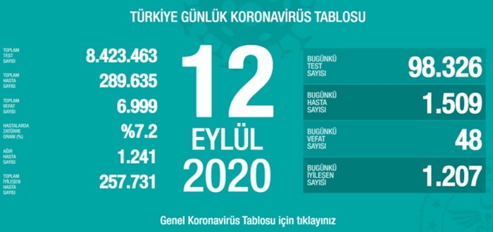 Türkiye'de son 24 saatte 1509 kişiye Kovid-19 tanısı konuldu