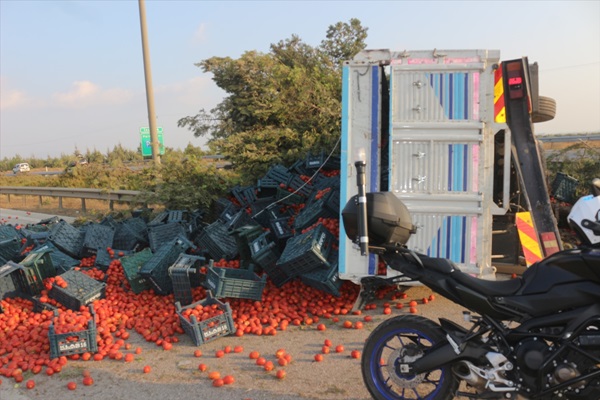 Adana'da domates yüklü kamyon devrildi