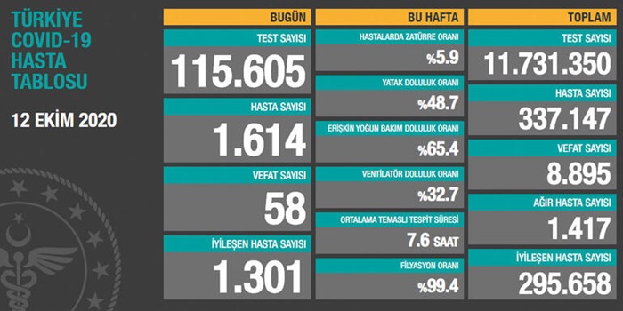 Türkiye'de son 24 saatte 1614 kişiye Kovid-19 tanısı kondu, 58 kişi hayatını kaybetti