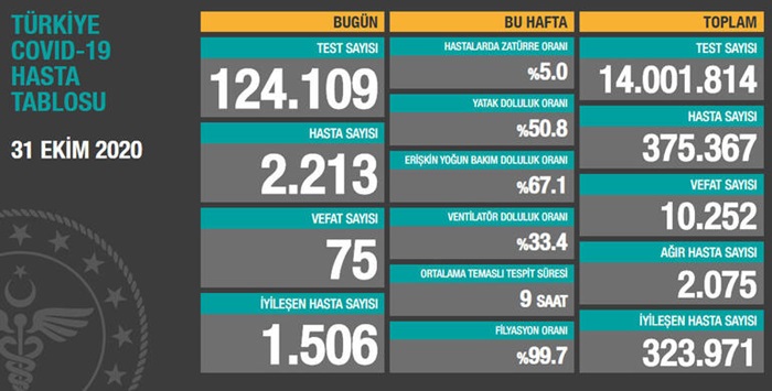 Türkiye'de son 24 saatte 2 bin 213 kişiye hastalık tanısı konuldu, 75 kişi hayatını kaybetti