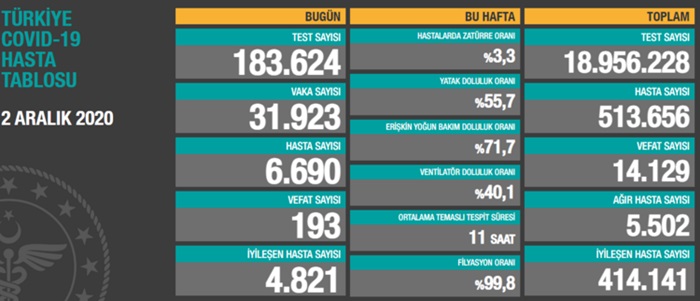 Türkiye'de son 24 saatte 31 bin 923 kişinin Kovid-19 testi pozitif çıktı, 193 kişi hayatını kaybetti