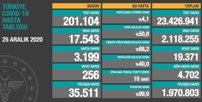 Türkiye'de son 24 saatte 17 bin 543 kişinin testi pozitif çıktı, 256 kişi hayatını kaybetti