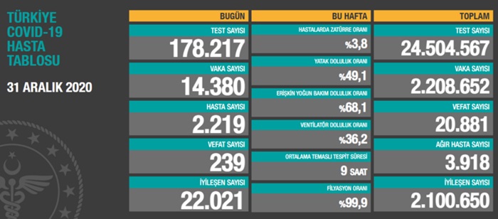 Türkiye'de son 24 saatte 14 bin 380 kişinin Kovid-19 testi pozitif çıktı, 239 kişi hayatını kaybetti