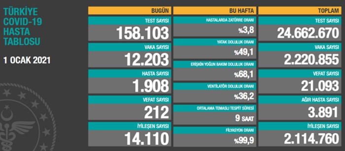 Türkiye'de son 24 saatte 12 bin 203 kişinin Kovid-19 testi pozitif çıktı, 212 kişi hayatını kaybetti