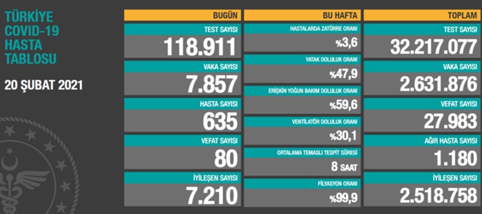 Türkiye'nin 20 Şubat 2021 güncel koronavirüs tablosu..