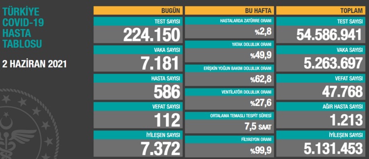 Türkiye'nin 02 Haziran 2021 güncel koronavirüs tablosu