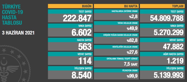 Türkiye'nin 03 Haziran 2021 güncel koronavirüs tablosu