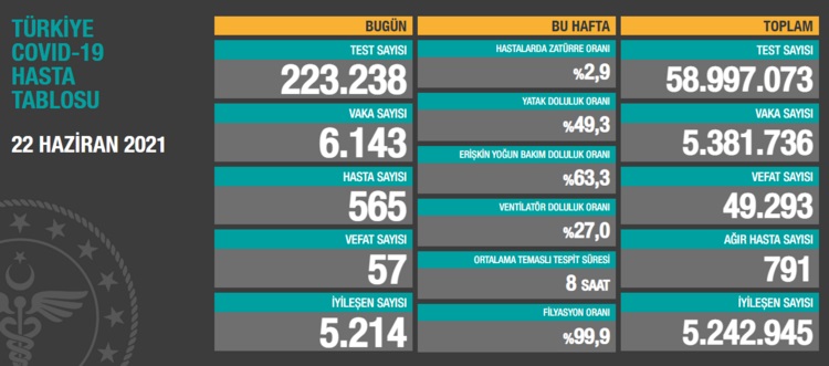 Türkiye'nin 22 Haziran 2021 güncel koronavirüs tablosu