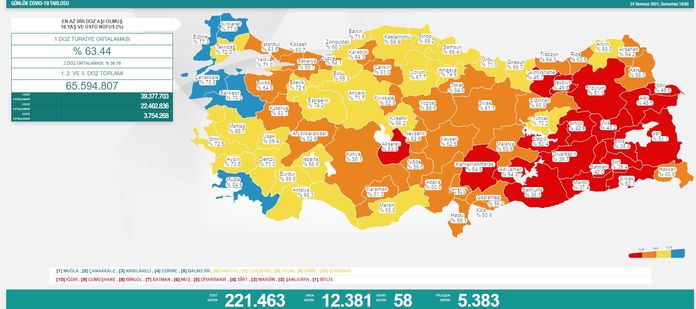 Türkiye'nin 24 Temmuz 2021 güncel koronavirüs tablosu