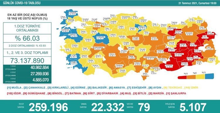 Türkiye'nin 31 Temmuz 2021 güncel koronavirüs tablosu