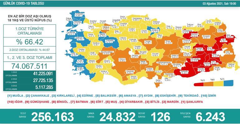 Türkiye'nin 03 Ağustos 2021 güncel koronavirüs tablosu