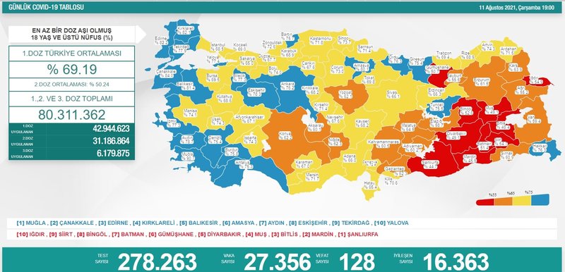 Türkiye'nin 12 Ağustos 2021 güncel koronavirüs tablosu