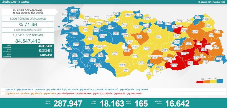 Türkiye'nin 16 Ağustos 2021 güncel koronavirüs tablosu