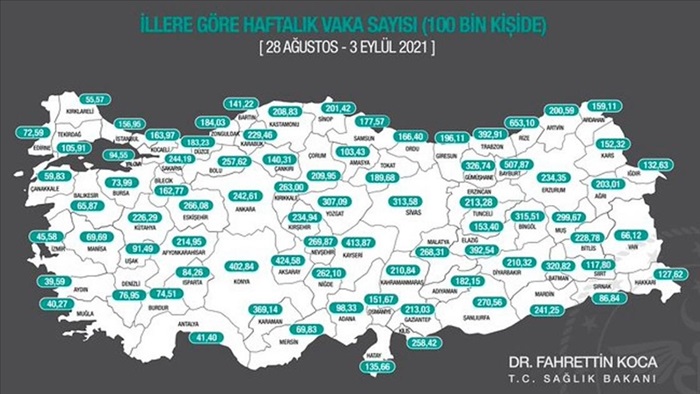 İllere göre her 100 bin kişide görülen Kovid-19 vaka sayıları açıklandı